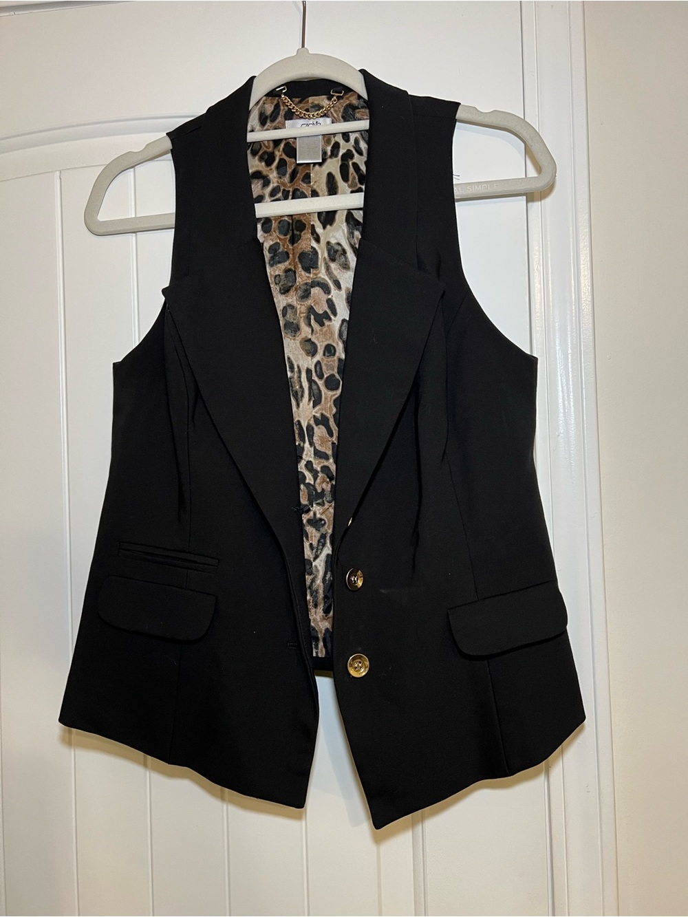 Caché Black Longline Blazer Vest Leopard Lining Gold Buttons